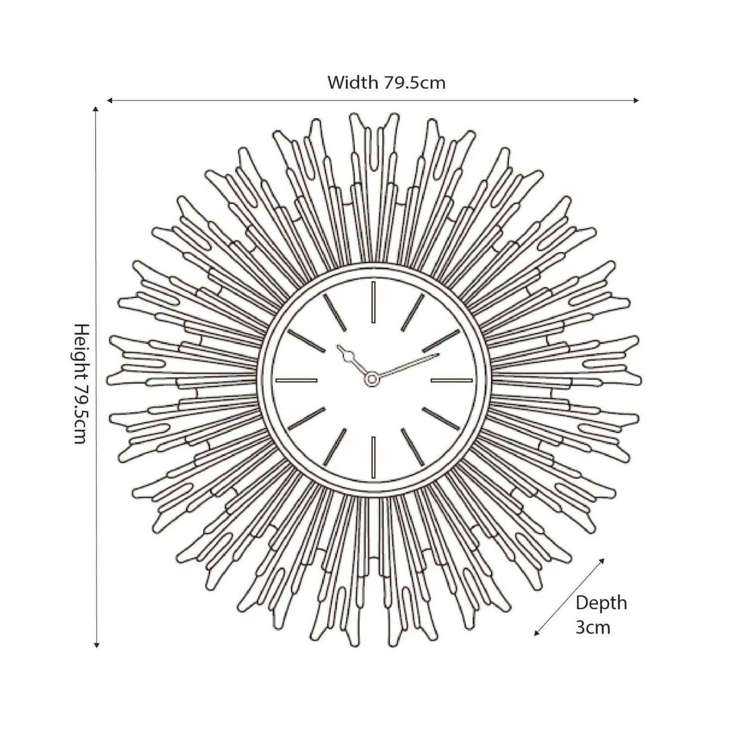 Large Gold Metal Sunburst Wall Clock with Black Face Gold Hands & Baton Markers Dimensions 79.5x3cm - Click Style