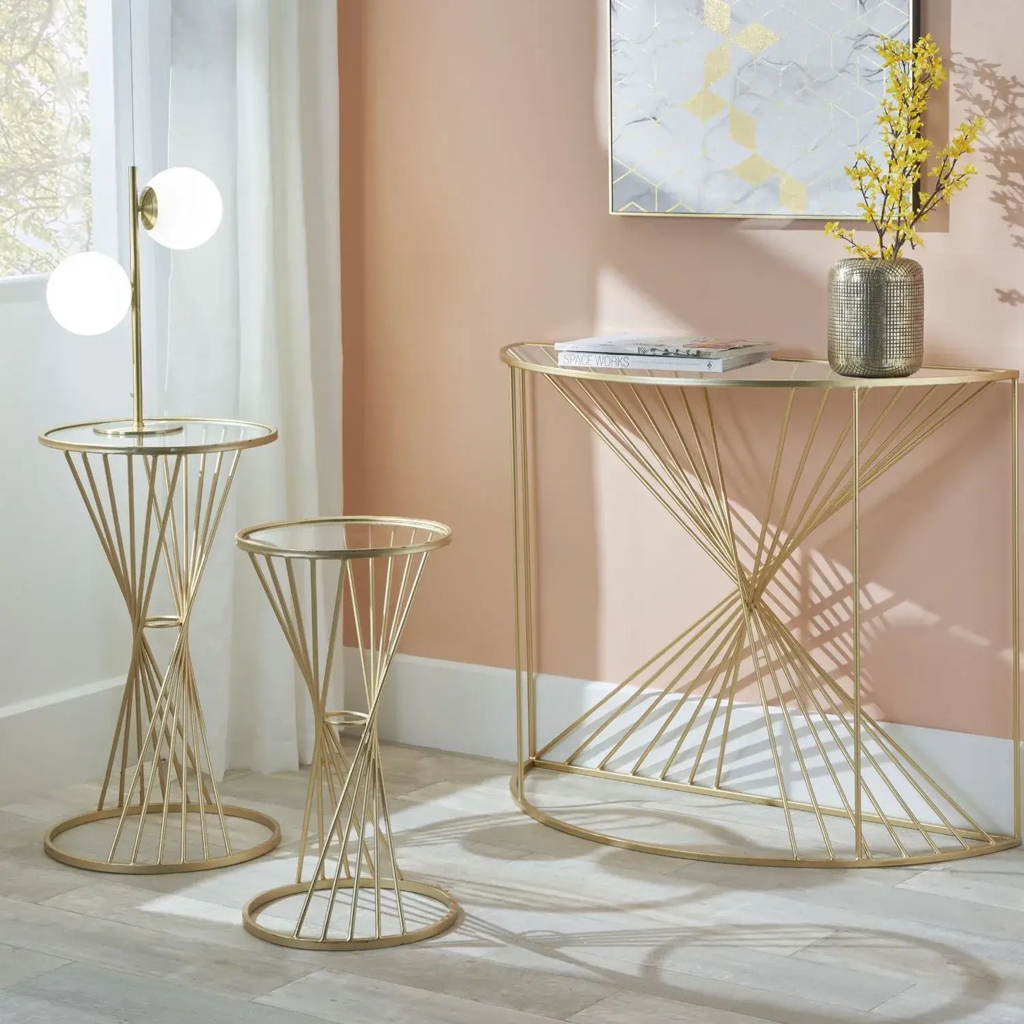 Large Gold Metal Wire Side Table with Glass Top – Modern Round Accent Table 70.5x40cm - Click Style