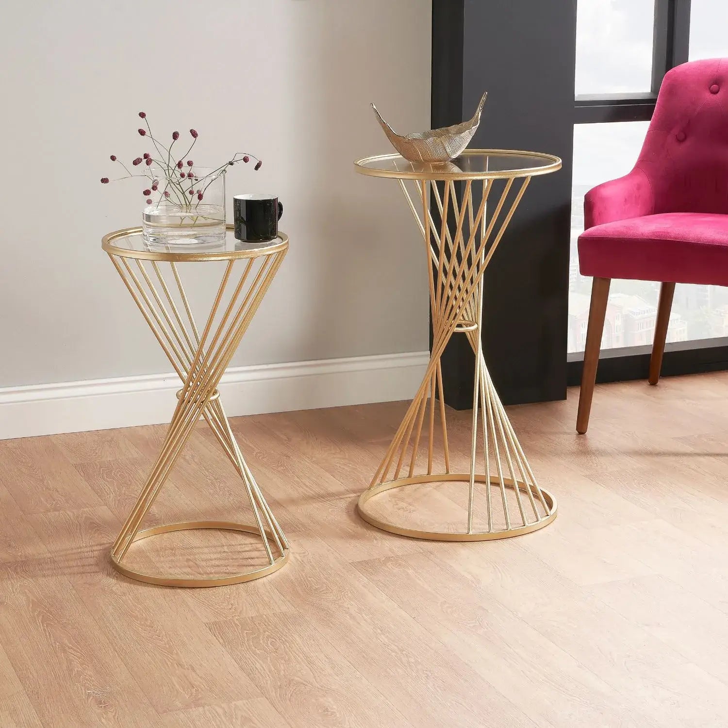 Large Gold Metal Wire Side Table with Glass Top – Modern Round Accent Table 70.5x40cm - Click Style