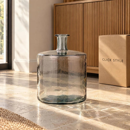 Large Grey Recycled Glass Bottle Vase with Narrow Neck – Wide Decorative Floor Vase 45x35x35cm – Displayed Empty in a Warm Oak Interior with Natural Sunlight | Click Style