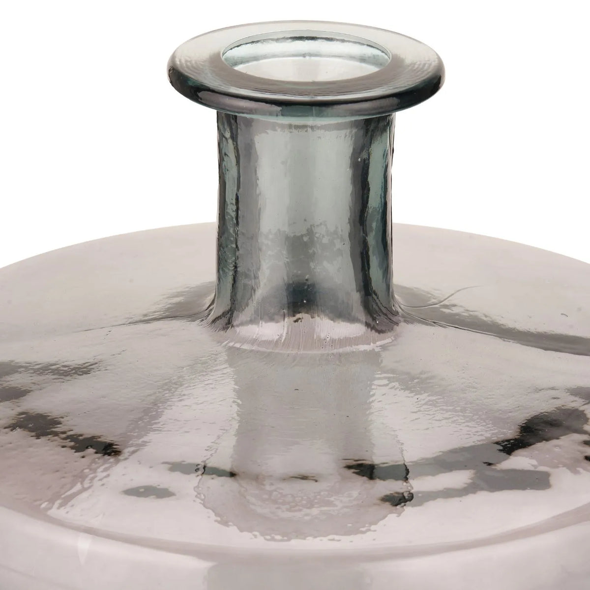Large Grey Recycled Glass Bottle Vase with Narrow Neck – Wide Decorative Floor Vase 45x35x35cm – Close-Up of Narrow Neck Rolled Rim & Recycled Glass Shoulder | Click Style