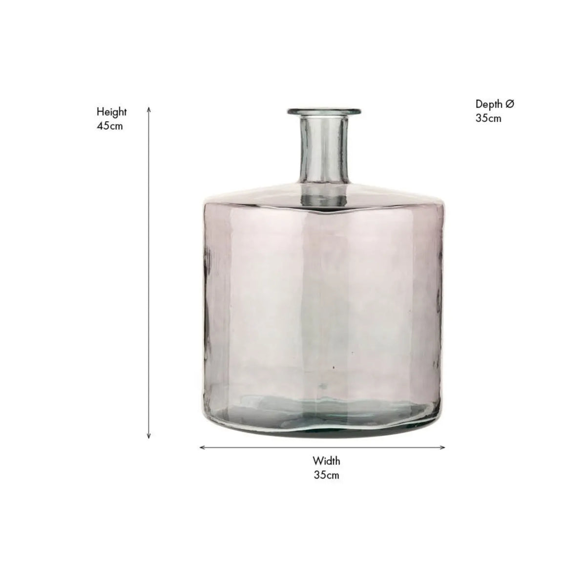 Large Grey Recycled Glass Bottle Vase with Narrow Neck – Wide Decorative Floor Vase 45x35x35cm – Dimensions Showing 45cm Height & 35cm Width and Depth | Click Style