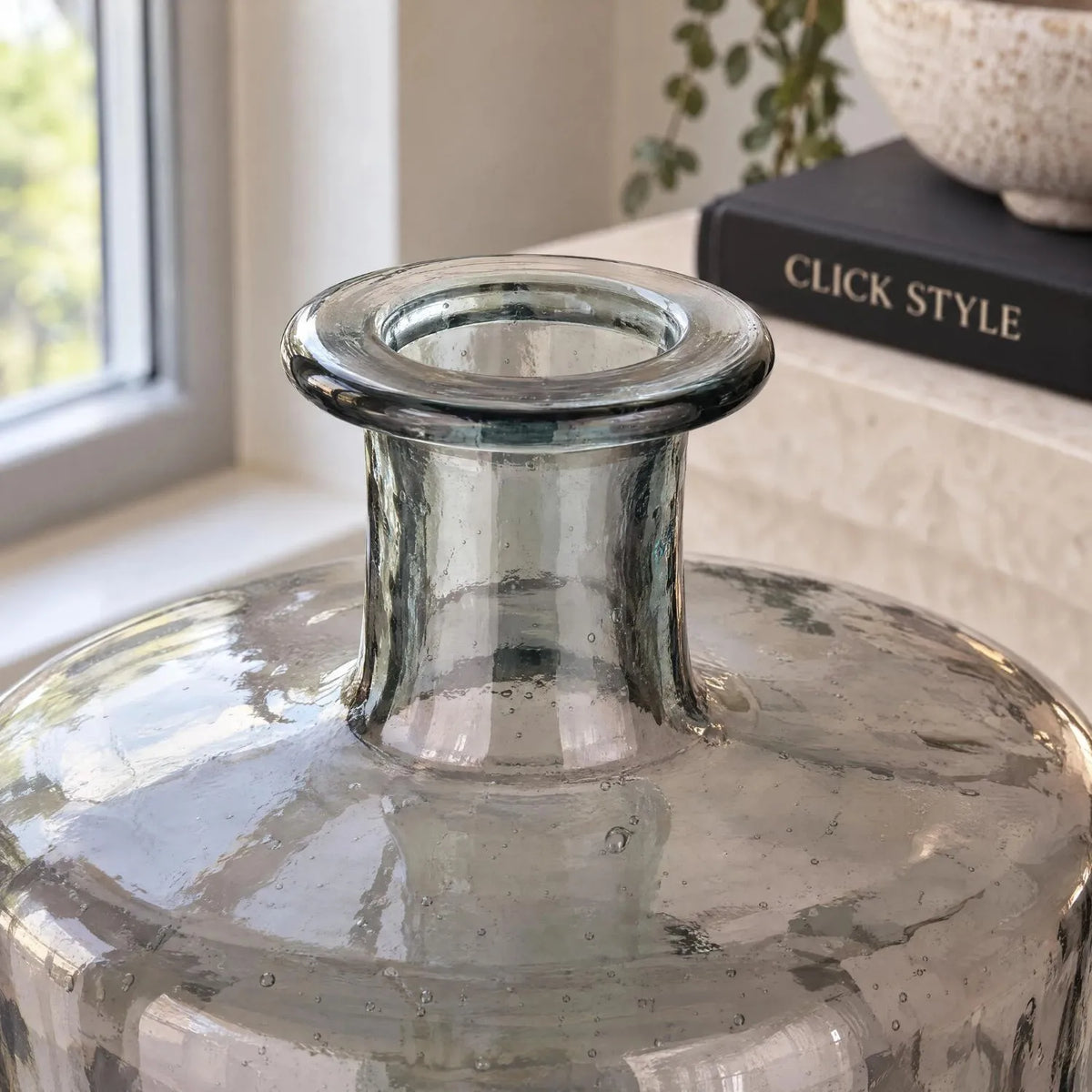 Large Grey Recycled Glass Bottle Vase with Narrow Neck – Wide Decorative Floor Vase 45x35x35cm – Lifestyle Close-Up Showing Thick Rolled Rim Recycled Glass Bubbles & Grey Detail | Click Style