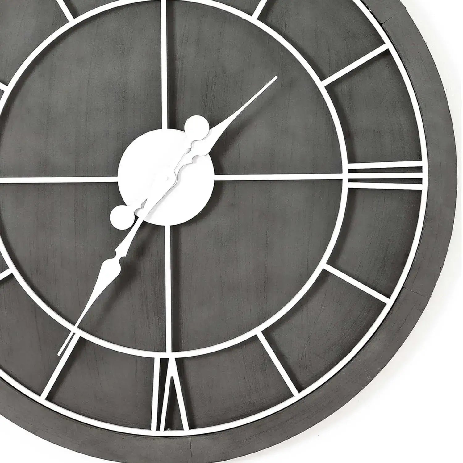 Large Grey Wooden Round Modern Wall Clock with White Metal Roman Numerals & Hands 60x60x5cm - Click Style