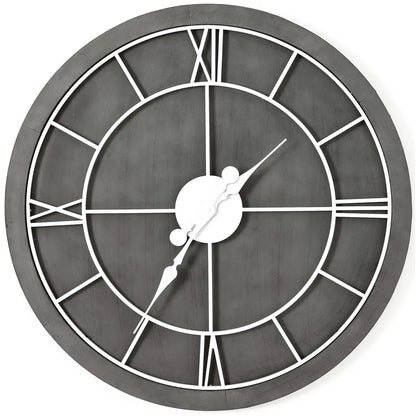 Large Grey Wooden Round Modern Wall Clock with White Metal Roman Numerals & Hands 60x60x5cm - Click Style