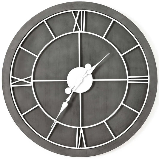 Large Grey Wooden Round Modern Wall Clock with White Metal Roman Numerals & Hands 60x60x5cm - Click Style