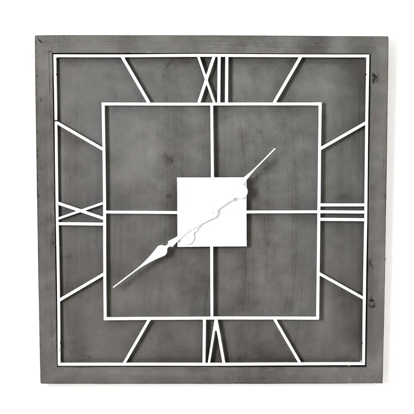 Large Grey Wooden Square Modern Wall Clock with White Metal Roman Numerals & Hands 60x60x5cm - Click Style