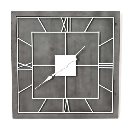 Large Grey Wooden Square Modern Wall Clock with White Metal Roman Numerals & Hands 60x60x5cm - Click Style