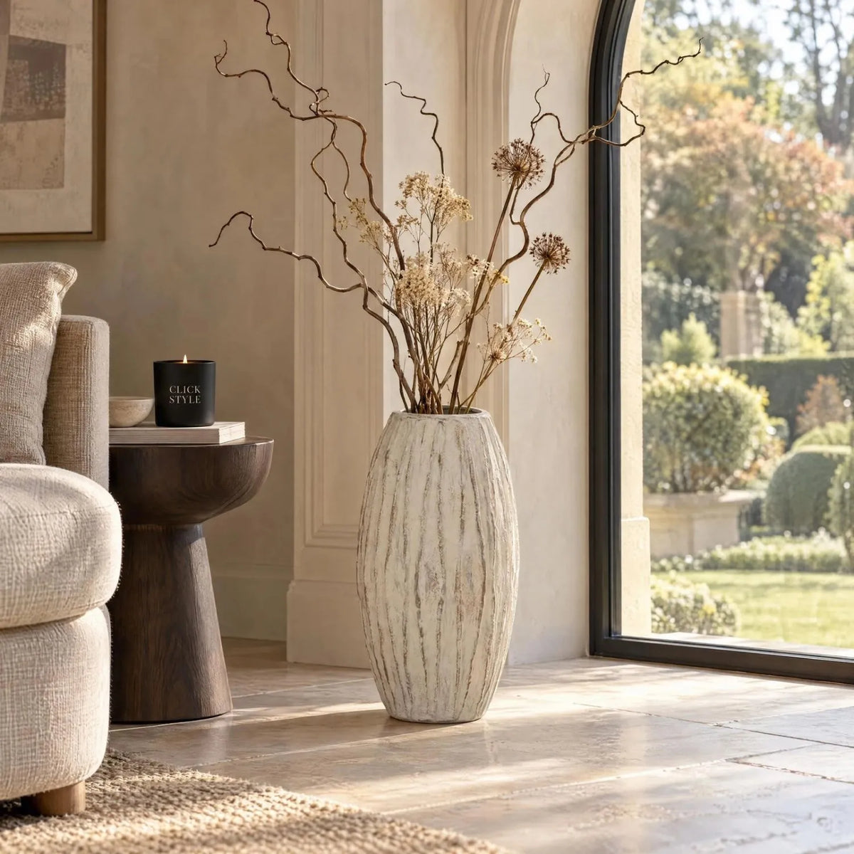 Large Grey & White Washed Ceramic Floor Standing Vase with Raised Vertical Ribbing – Tall Textured Decorative Vase 49x27x27cm – Sunlit Living Room Lifestyle | Click Style