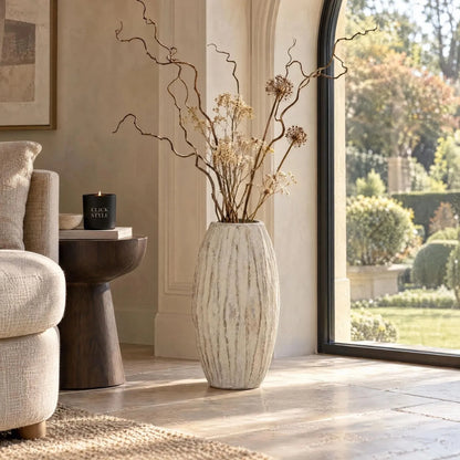 Large Grey & White Washed Ceramic Floor Standing Vase with Raised Vertical Ribbing – Tall Textured Decorative Vase 49x27x27cm – Sunlit Living Room Lifestyle | Click Style