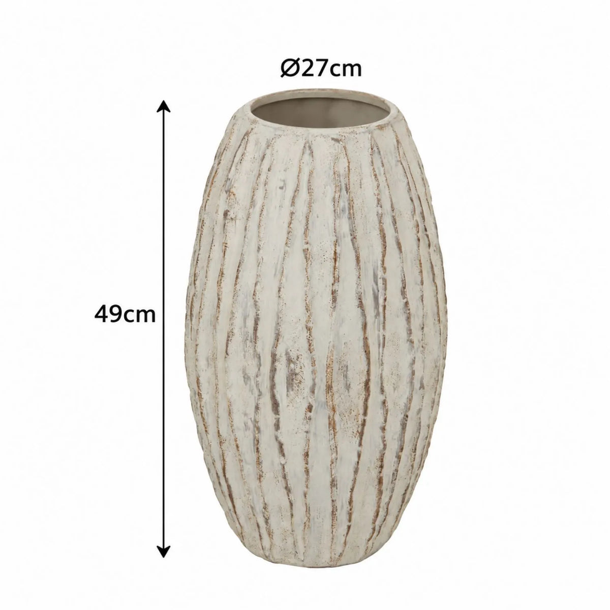 Large Grey & White Washed Ceramic Floor Standing Vase with Raised Vertical Ribbing – Tall Textured Decorative Vase 49x27x27cm – Dimensions 49cm High x 27cm Diameter | Click Style
