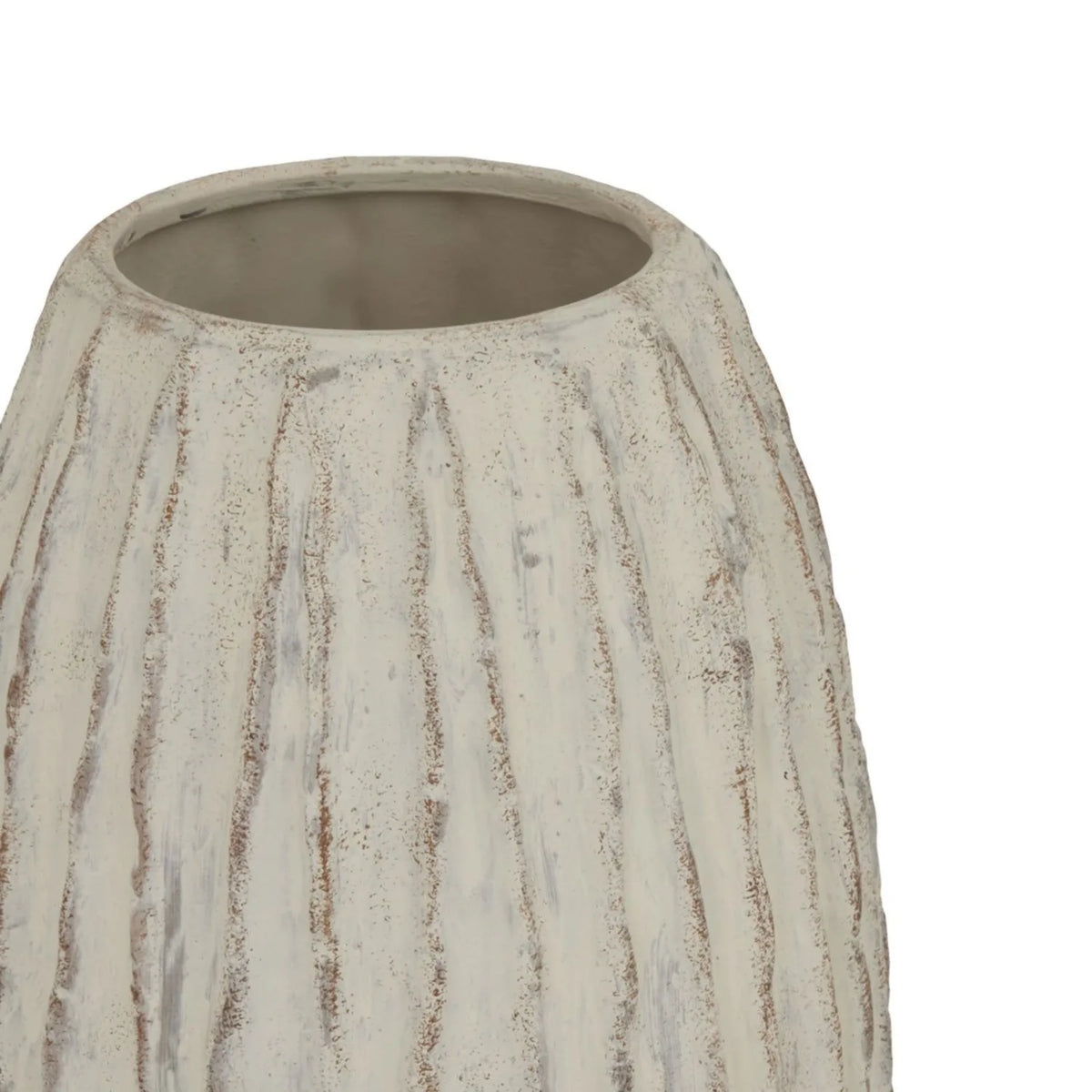 Large Grey & White Washed Ceramic Floor Standing Vase with Raised Vertical Ribbing – Tall Textured Decorative Vase 49x27x27cm – Wide Opening Rim & Textured Ceramic Finish Close-Up | Click Style