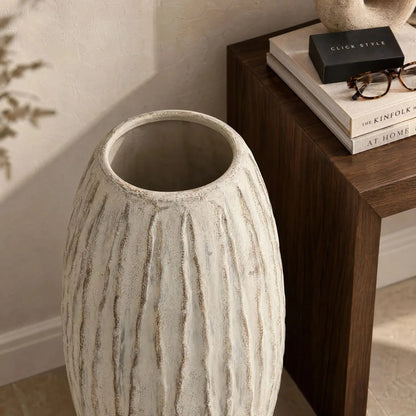 Large Grey & White Washed Ceramic Floor Standing Vase with Raised Vertical Ribbing – Tall Textured Decorative Vase 49x27x27cm – Opening Rim & Raised Vertical Ribbing Close-Up | Click Style