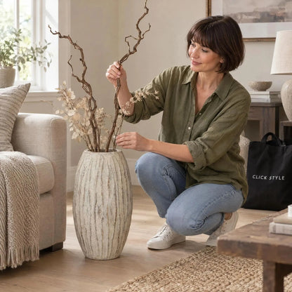 Large Grey & White Washed Ceramic Floor Standing Vase with Raised Vertical Ribbing – Tall Textured Decorative Vase 49x27x27cm – Woman Styling with Decorative Branches | Click Style