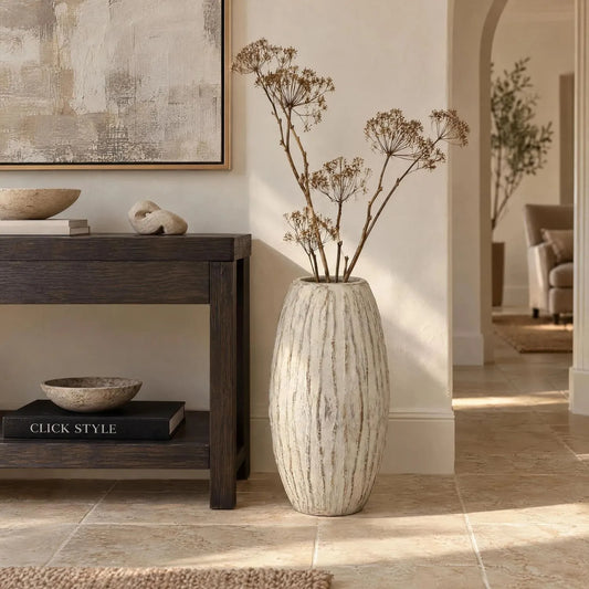 Large Grey & White Washed Ceramic Floor Standing Vase with Raised Vertical Ribbing – Tall Textured Decorative Vase 49x27x27cm – Architectural Console Table Lifestyle | Click Style