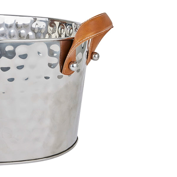 Large Hammered Silver Champagne Cooler with Leather Handles 55x34cm - Click Style