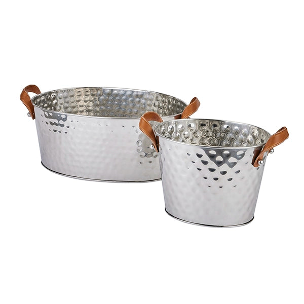 Large Hammered Silver Champagne Cooler with Leather Handles 55x34cm - Click Style