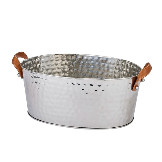 Large Hammered Silver Champagne Cooler with Leather Handles 55x34cm - Click Style