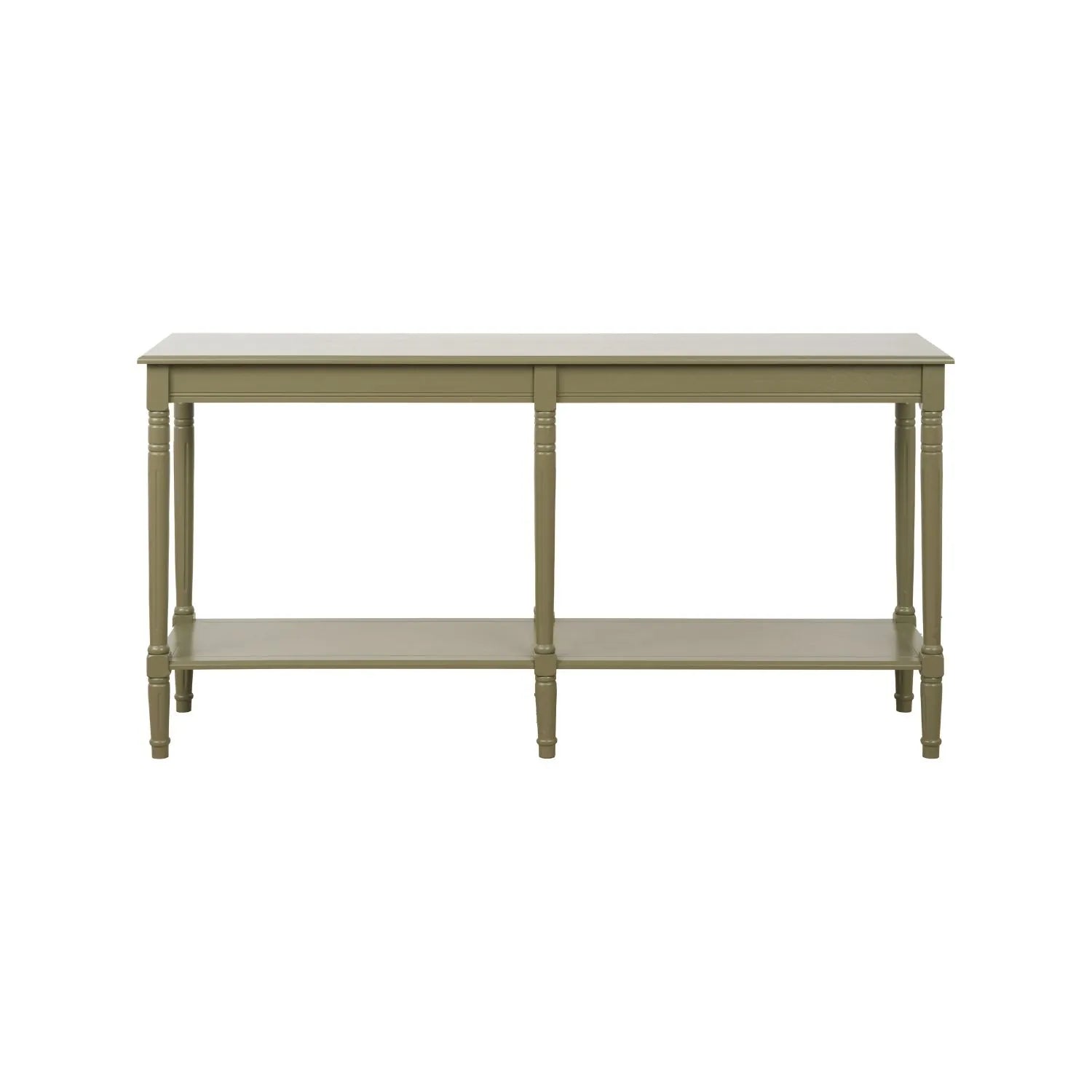 Large Khaki Olive Green Wooden Console Table with Shelf – Long 160cm Pine Hallway Console Table with Turned Legs & Lower Storage Front 80x160x40cm | Click Style
