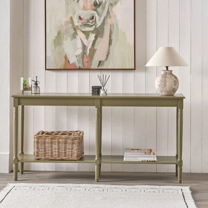 Large Khaki Olive Green Wooden Console Table with Shelf – Long 160cm Pine Hallway Console Table with Turned Legs & Lower Storage 80x160x40cm | Click Style