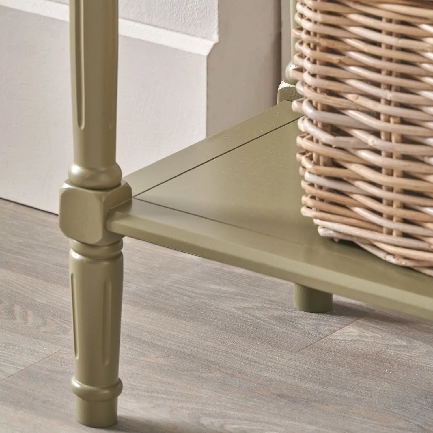 Large Khaki Olive Green Wooden Console Table with Shelf – Long 160cm Pine Hallway Console Table with Turned Legs & Lower Storage 80x160x40cm | Click Style