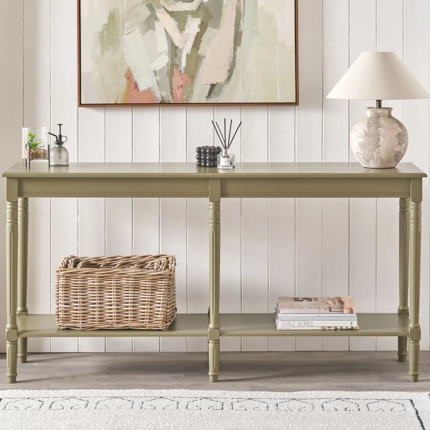 Large Khaki Olive Green Wooden Console Table with Shelf – Long 160cm Pine Hallway Console Table with Turned Legs & Lower Storage 80x160x40cm | Click Style