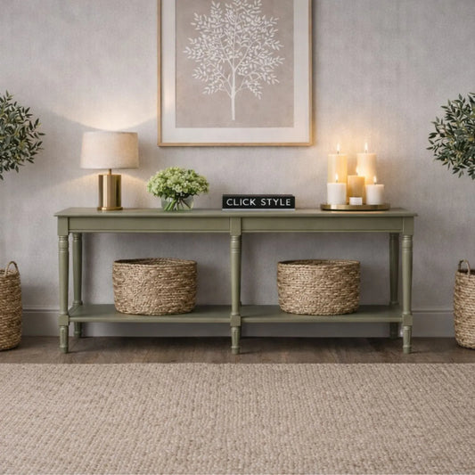 Large Khaki Olive Green Wooden Console Table with Shelf – Long 160cm Pine Hallway Console Table with Turned Legs & Lower Storage 80x160x40cm | Click Style