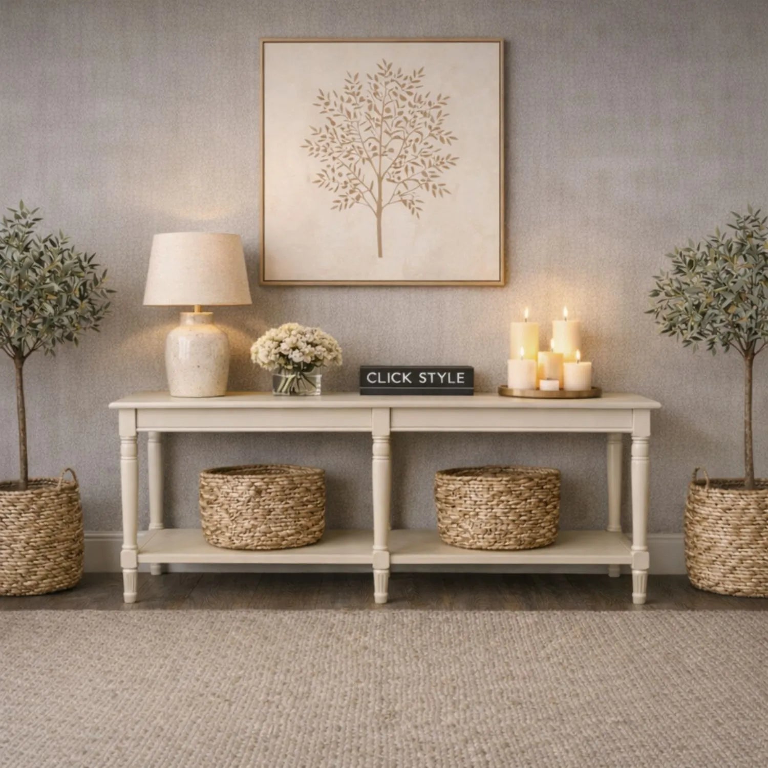 Large Light Beige Wooden Console Table with Shelf – Long 160cm Pine Hallway Console Table with Turned Legs & Lower Storage 80x160x40cm | Click Style