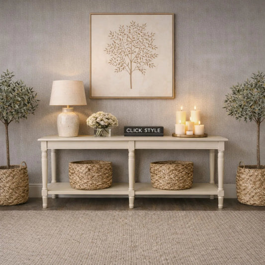 Large Light Beige Wooden Console Table with Shelf – Long 160cm Pine Hallway Console Table with Turned Legs & Lower Storage 80x160x40cm | Click Style