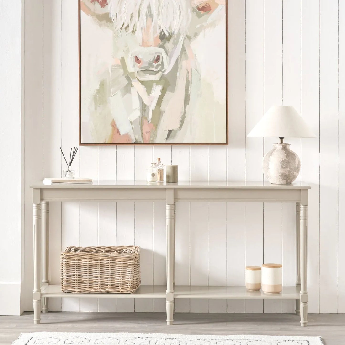 Large Light Beige Wooden Console Table with Shelf – Long 160cm Pine Hallway Console Table with Turned Legs & Lower Storage 80x160x40cm | Click Style