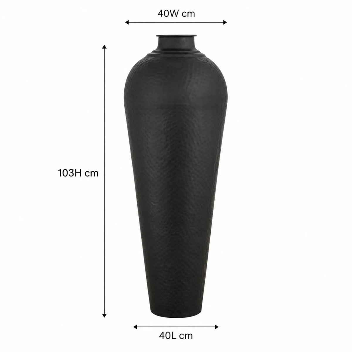 Large Matt Black Hammered Metal Floor Standing Vase with Removable Lid – Tall Tapered Decorative Vase 103x40x40cm – Dimensions Diagram | Click Style