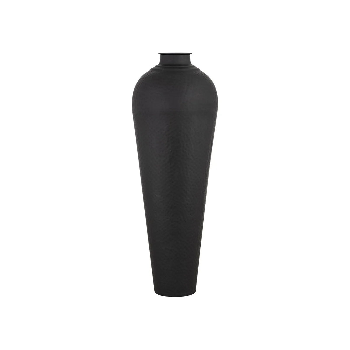 Large Matt Black Hammered Metal Floor Standing Vase with Removable Lid – Tall Tapered Decorative Vase 103x40x40cm – Full Product View Showing Tall Tapered Shape | Click Style