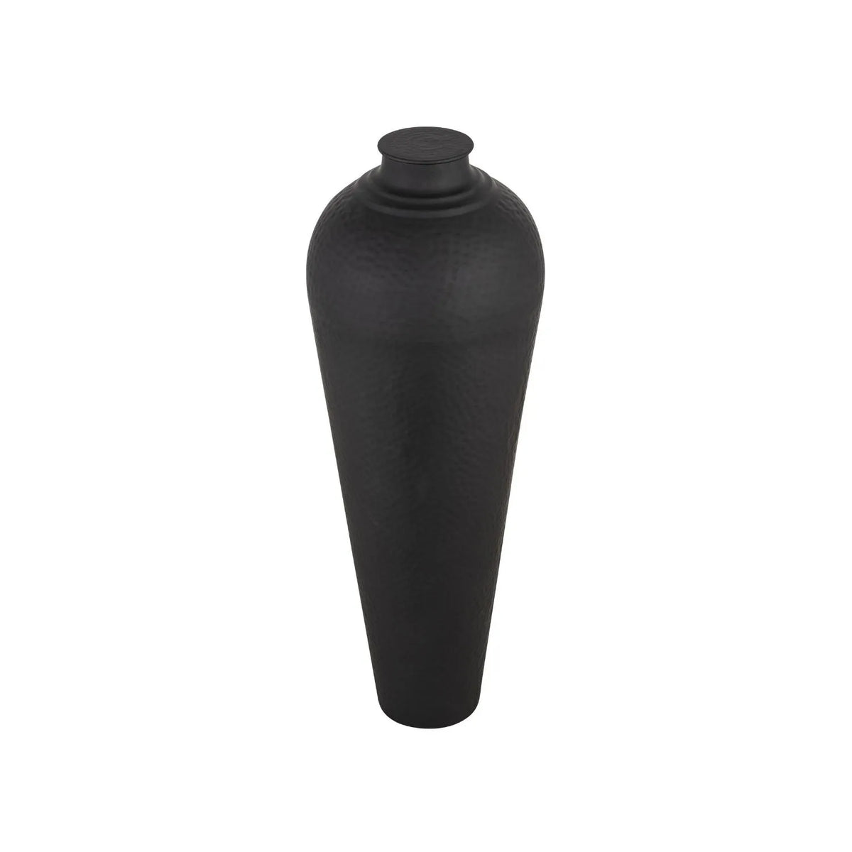 Large Matt Black Hammered Metal Floor Standing Vase with Removable Lid – Tall Tapered Decorative Vase 103x40x40cm – Angled Product View Showing Removable Lid | Click Style