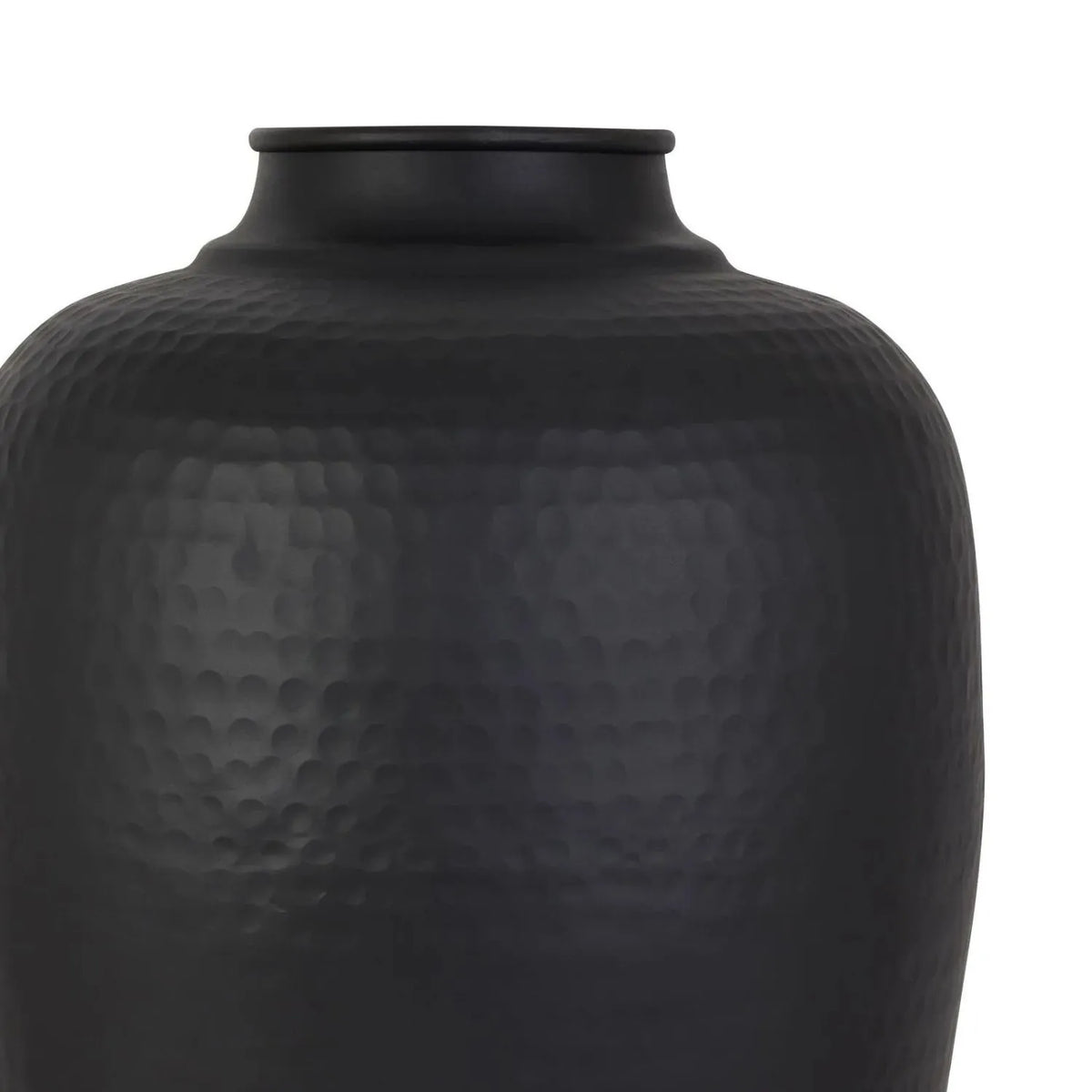Large Matt Black Hammered Metal Floor Standing Vase with Removable Lid – Tall Tapered Decorative Vase 103x40x40cm – Hammered Texture & Neck Detail Close-Up | Click Style