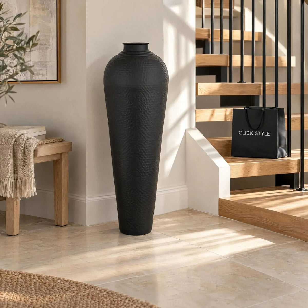 Large Matt Black Hammered Metal Floor Standing Vase with Removable Lid – Tall Tapered Decorative Vase 103x40x40cm – Contemporary Staircase Lifestyle | Click Style