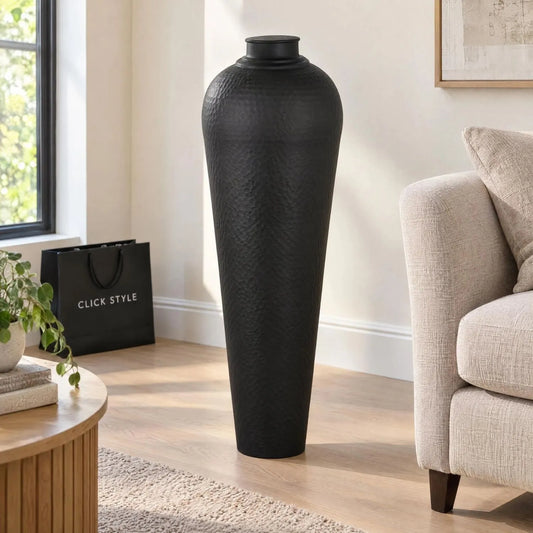 Large Matt Black Hammered Metal Floor Standing Vase with Removable Lid – Tall Tapered Decorative Vase 103x40x40cm – Contemporary Living Room Lifestyle | Click Style