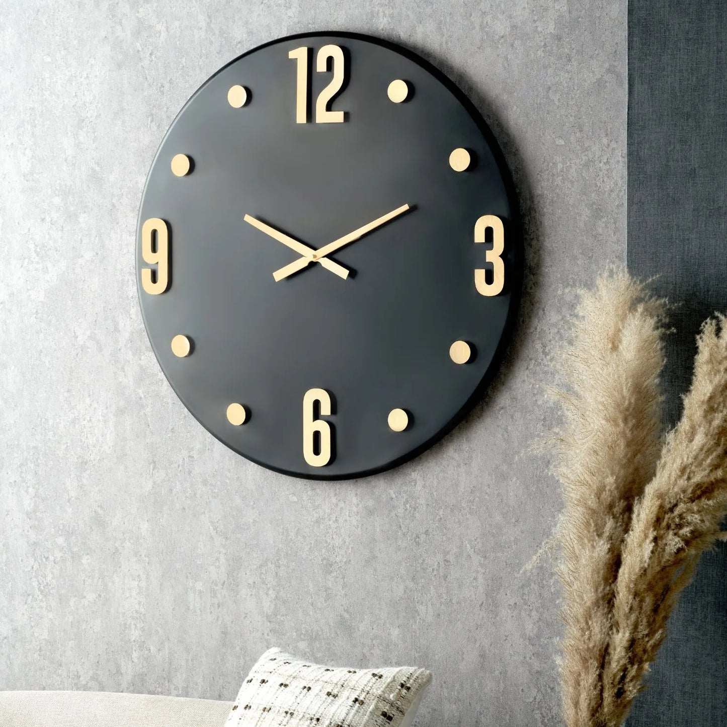 Large Matt Black Round Retro Metal Wall Clock with Gold Hands & Arabic Numerals 80x4cm - Click Style