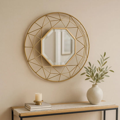 Large Modern Round 3D Geometric Gold Wall Mirror 88.5x8cm | Click Style