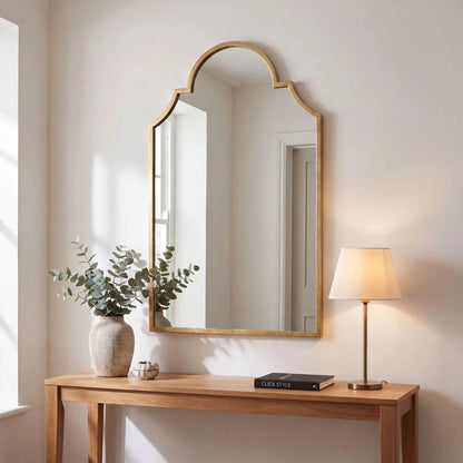 Large Moorish Style Antique Gold Metal Wall Mirror 80x50x2.5cm above console table in contemporary neutral interior | Click Style