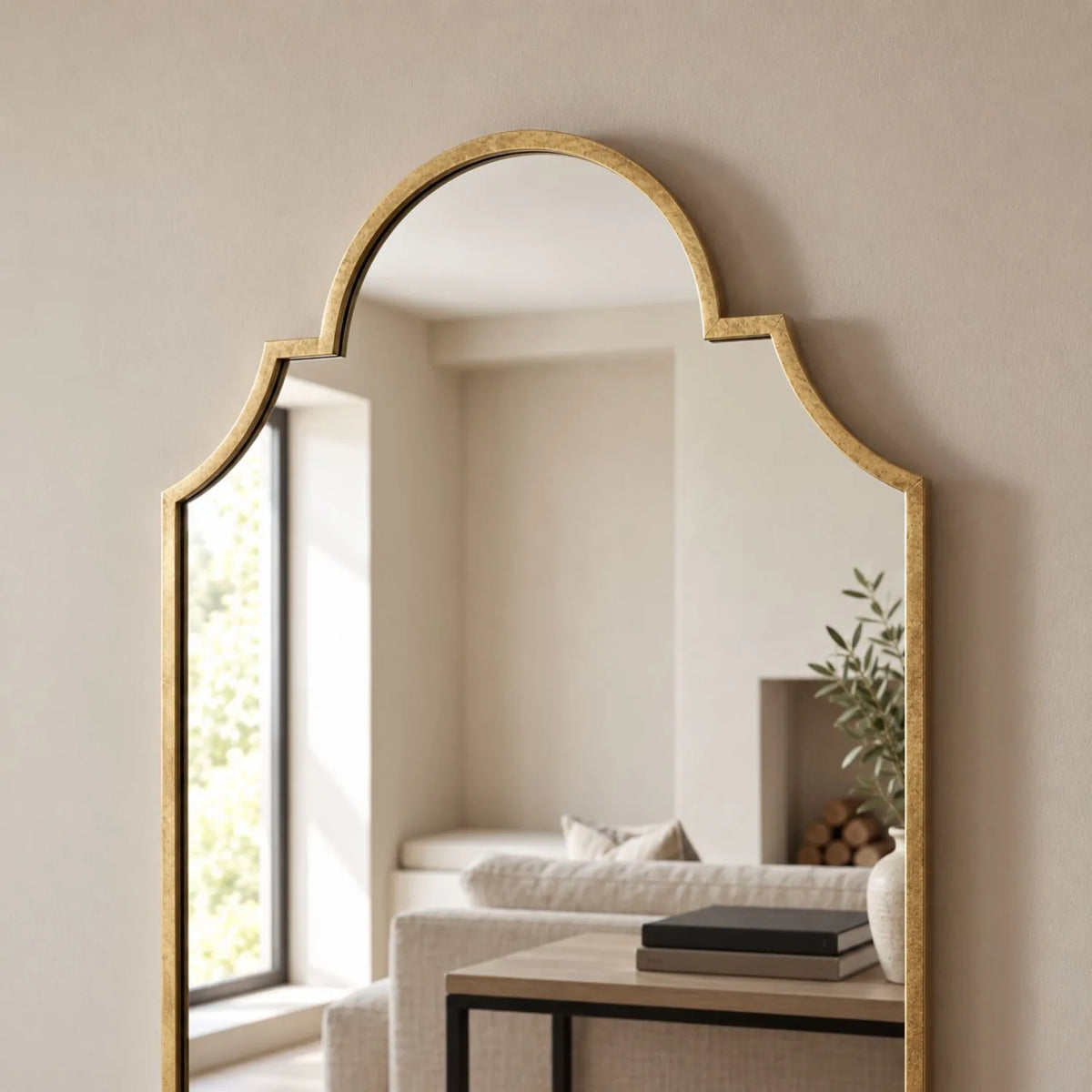Large Moorish Style Antique Gold Metal Wall Mirror 80x50x2.5cm close-up showing curved arch and stepped frame detail | Click Style