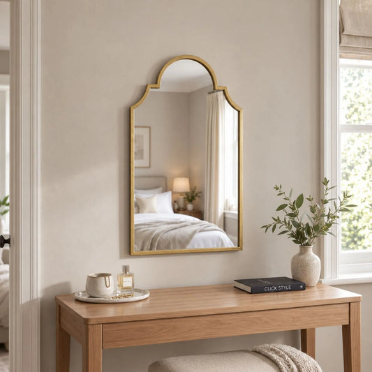 Large Moorish Style Antique Gold Metal Wall Mirror 80x50x2.5cm above wooden dressing table in neutral bedroom | Click Style