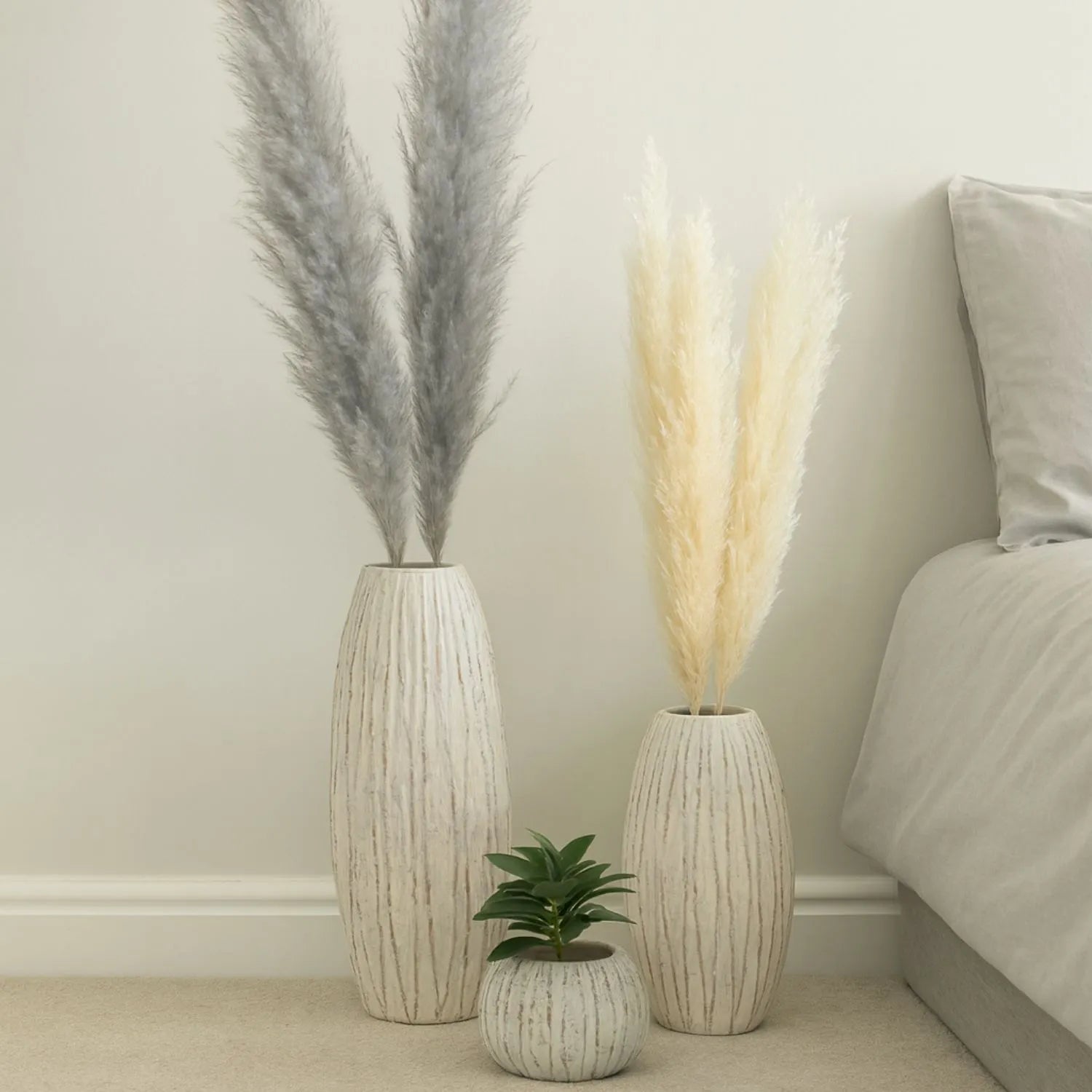 Large Neutral Grey & White-Washed Textured Ceramic Vase with Carved Vertical Detailing – Tall Decorative Floor Standing Vase 49x27x27cm | Click Style