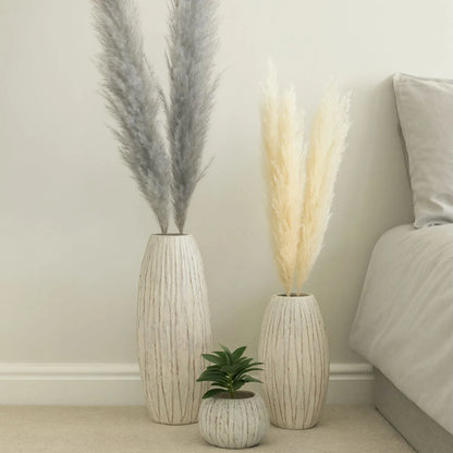 Large Neutral Grey & White-Washed Textured Ceramic Vase with Carved Vertical Detailing – Tall Decorative Floor Standing Vase 49x27x27cm | Click Style