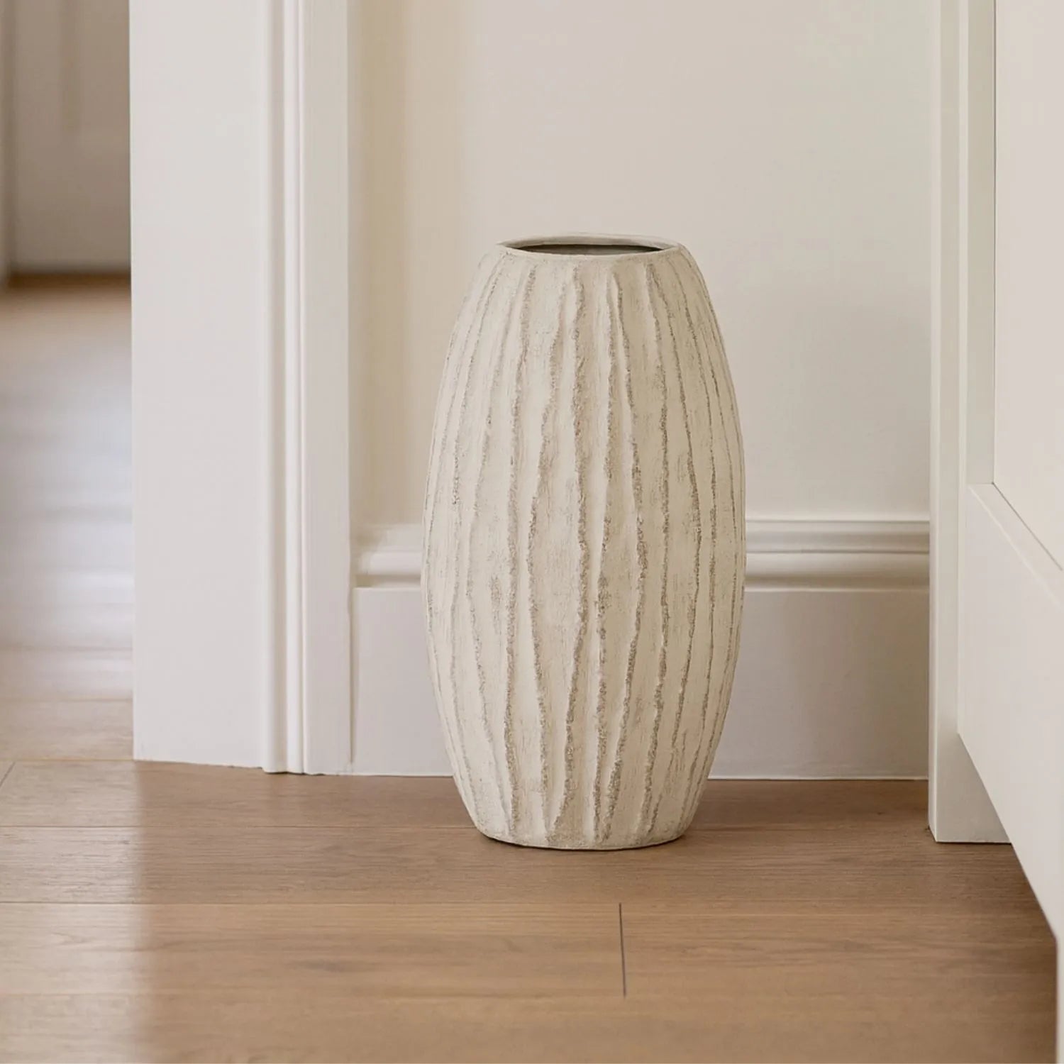 Large Neutral Grey & White-Washed Textured Ceramic Vase with Carved Vertical Detailing – Tall Decorative Floor Standing Vase 49x27x27cm | Click Style