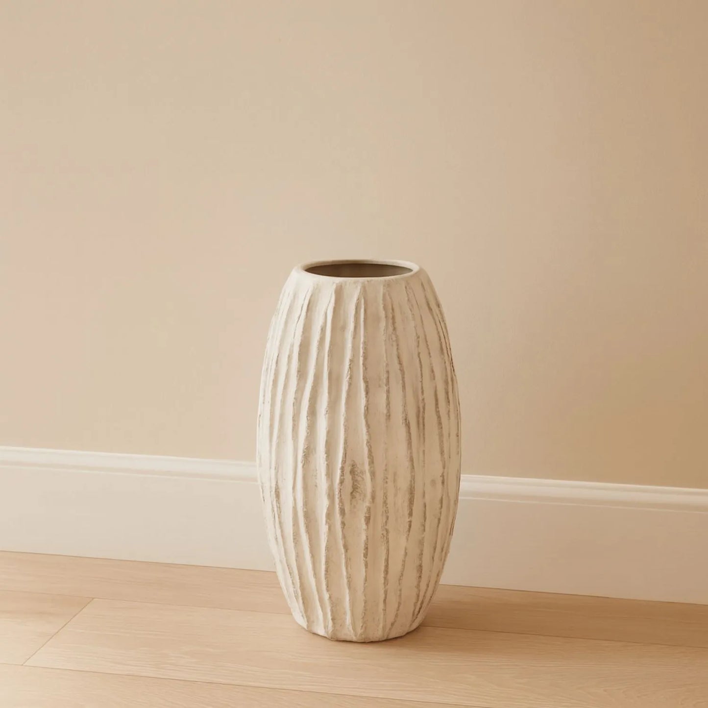 Large Neutral Grey & White-Washed Textured Ceramic Vase with Carved Vertical Detailing – Tall Decorative Floor Standing Vase 49x27x27cm | Click Style