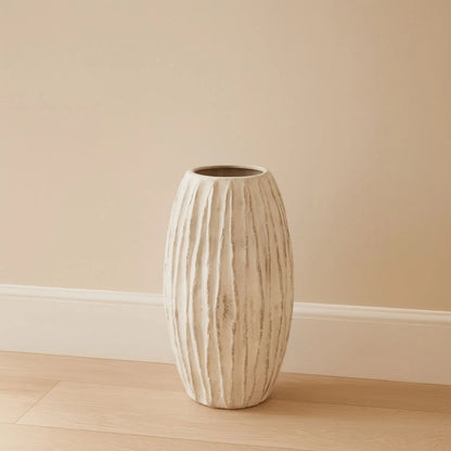 Large Neutral Grey & White-Washed Textured Ceramic Vase with Carved Vertical Detailing – Tall Decorative Floor Standing Vase 49x27x27cm | Click Style