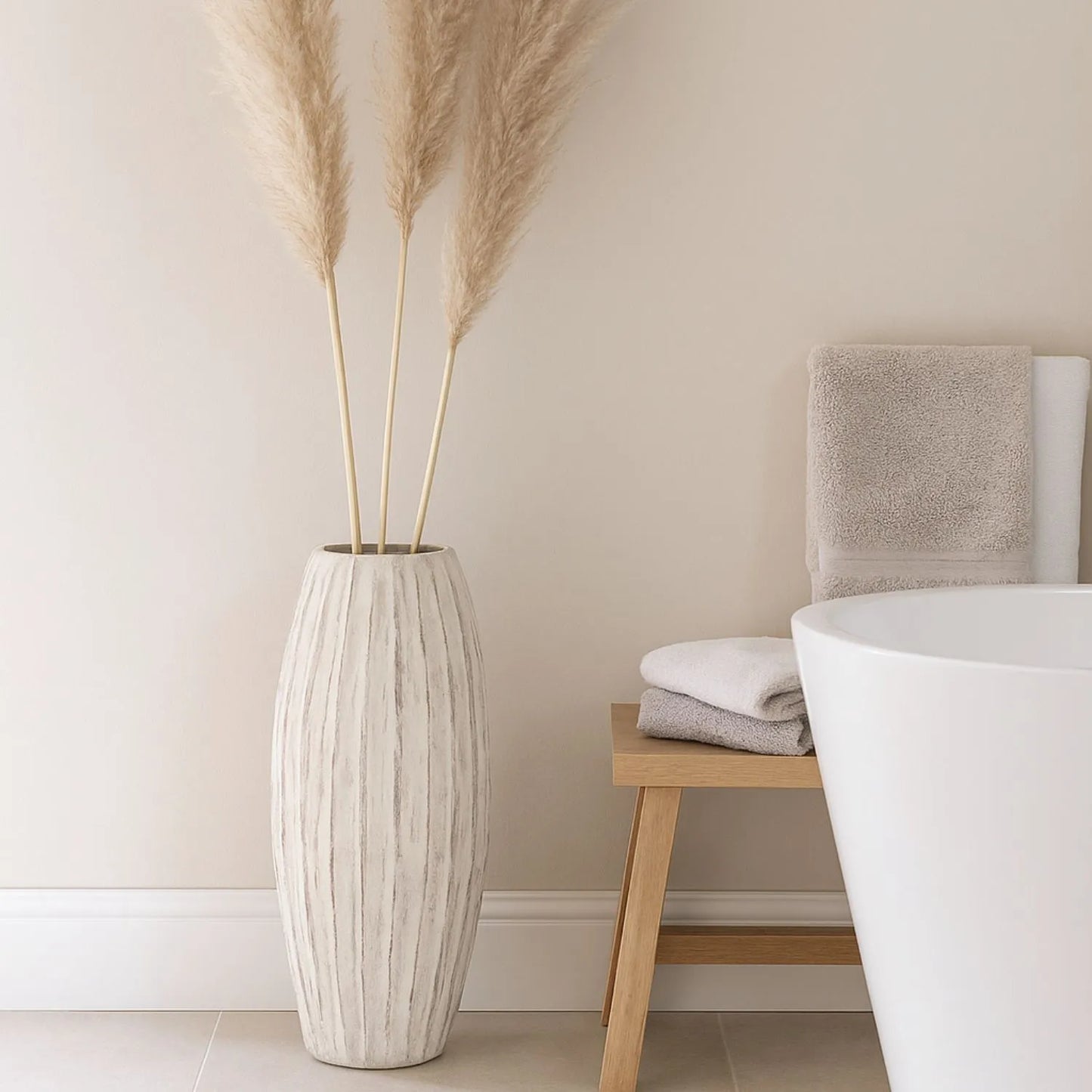 Large Neutral Grey & White-Washed Textured Ceramic Vase with Carved Vertical Detailing – Tall Decorative Floor Standing Vase 49x27x27cm | Click Style