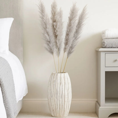 Large Neutral Grey & White-Washed Textured Ceramic Vase with Carved Vertical Detailing – Tall Decorative Floor Standing Vase 49x27x27cm | Click Style