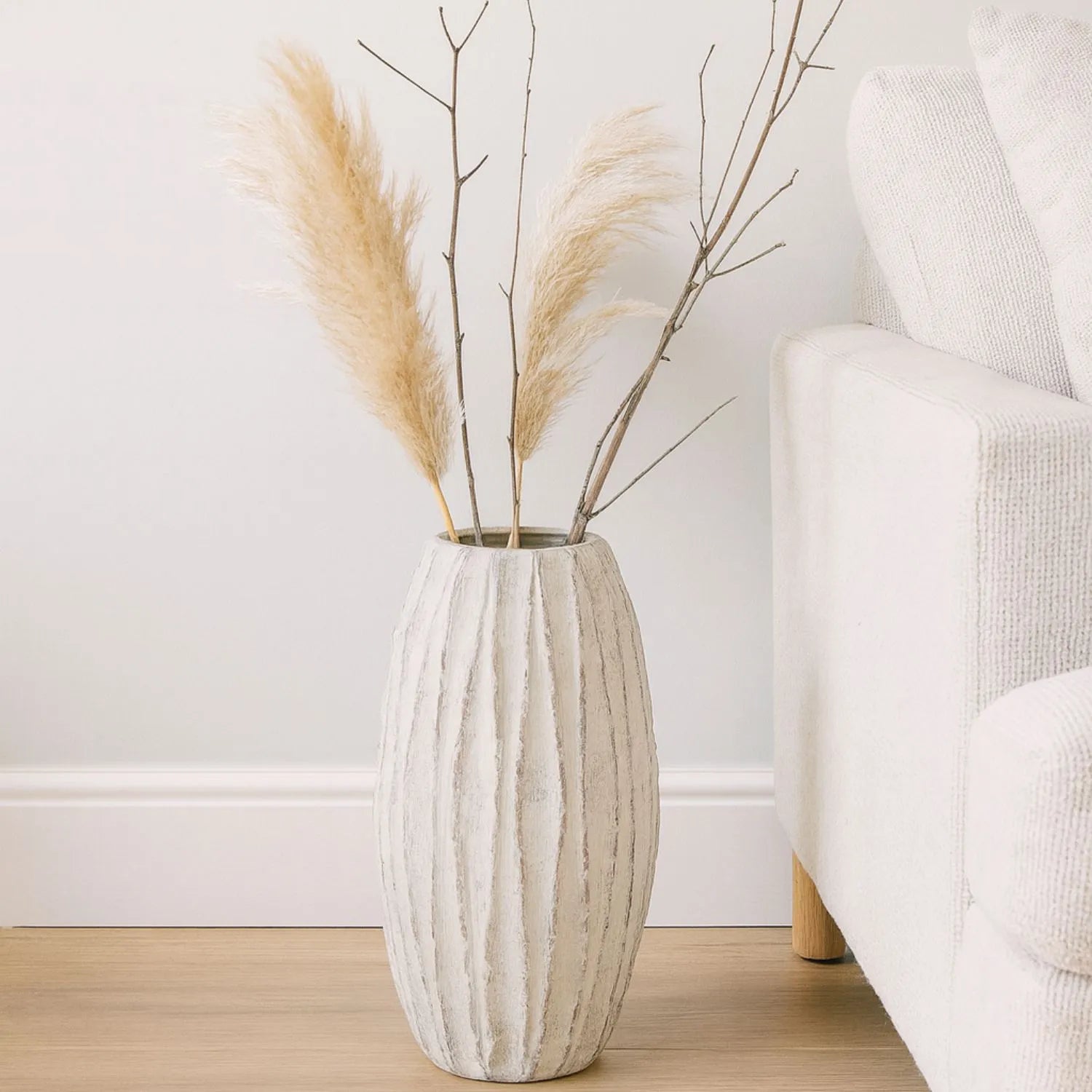 Large Neutral Grey & White-Washed Textured Ceramic Vase with Carved Vertical Detailing – Tall Decorative Floor Standing Vase 49x27x27cm | Click Style
