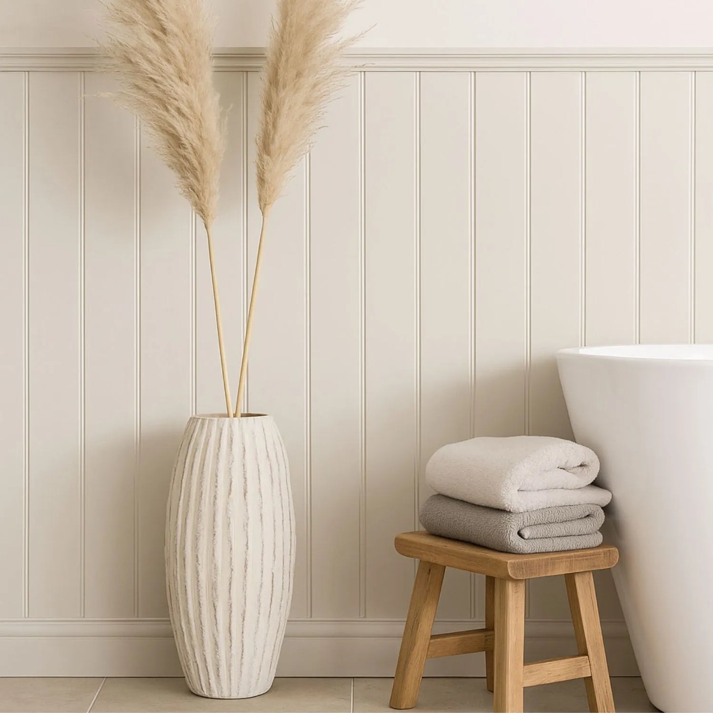 Large Neutral Grey & White-Washed Textured Ceramic Vase with Carved Vertical Detailing – Tall Decorative Floor Standing Vase 49x27x27cm | Click Style